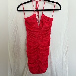 Zara Red Ruched Jacquard Mini Dress
